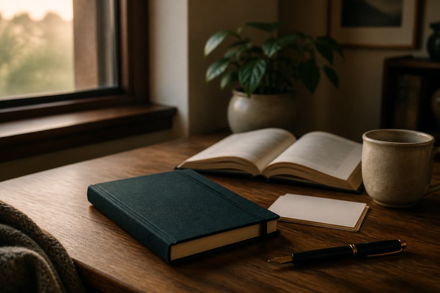 Private study nook with a closed teal notebook and reading materials