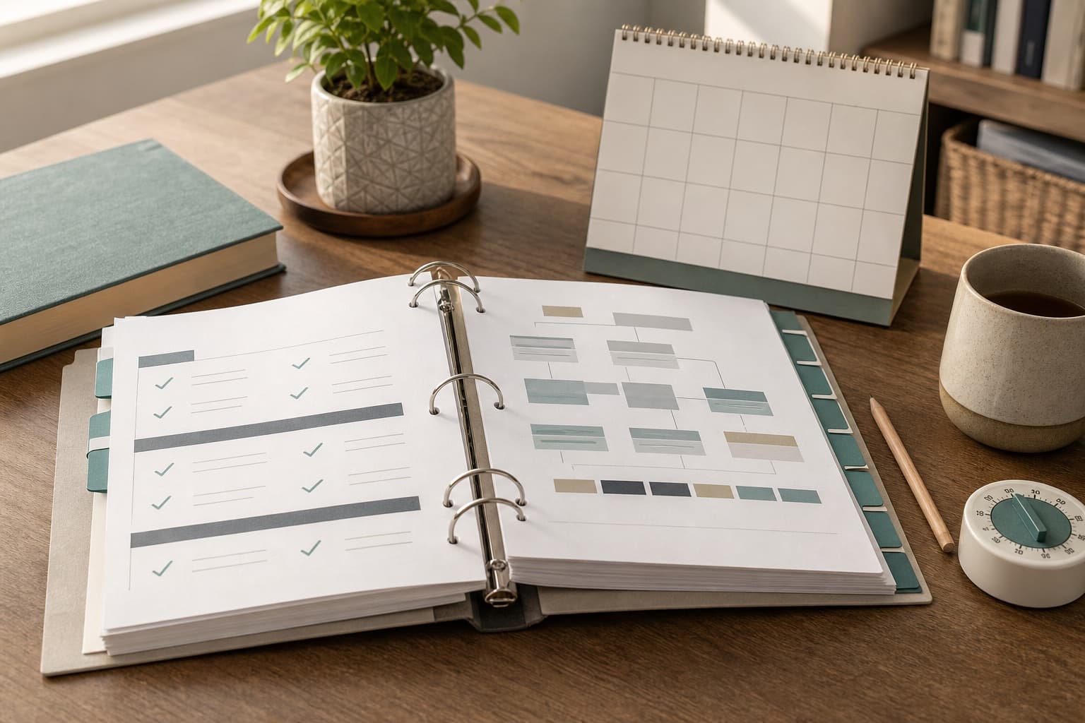 Certification study binder with priorities, calendar, tabs, and timer