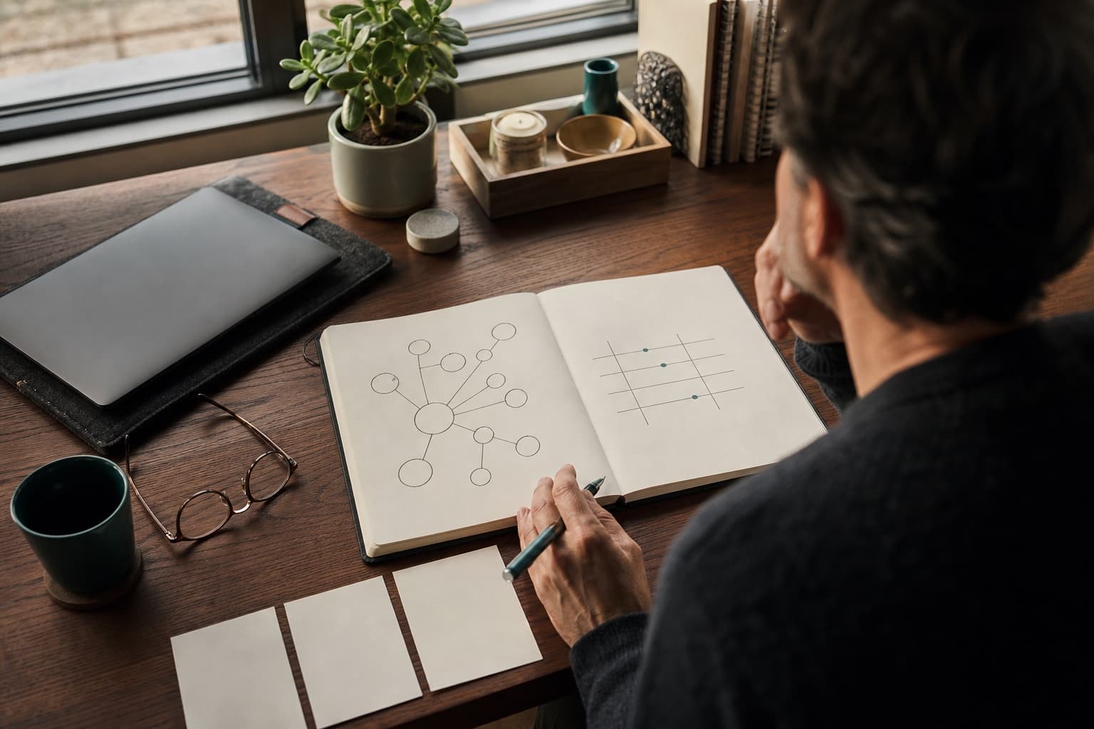 Experienced professional reviewing an organization map and tradeoff matrix