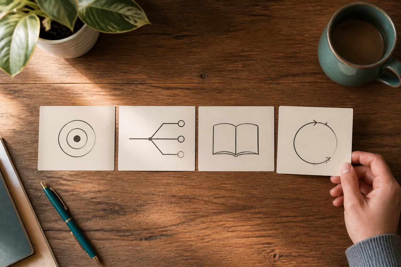 Four illustrated cards showing a goal, path, lesson, and review cycle