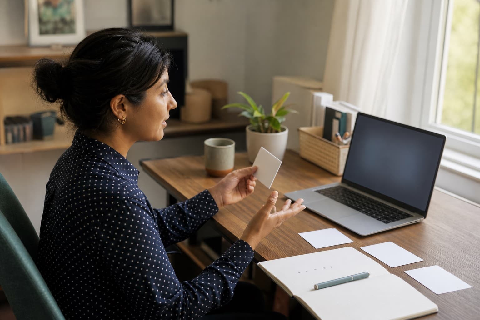 Professional rehearsing an interview response at a home-office desk