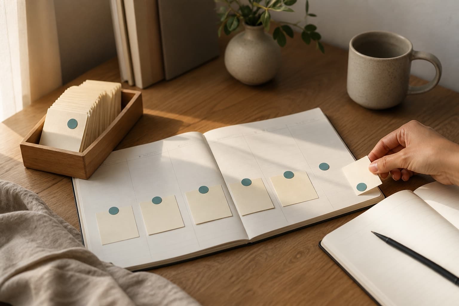 Review cards arranged at widening intervals across a study planner
