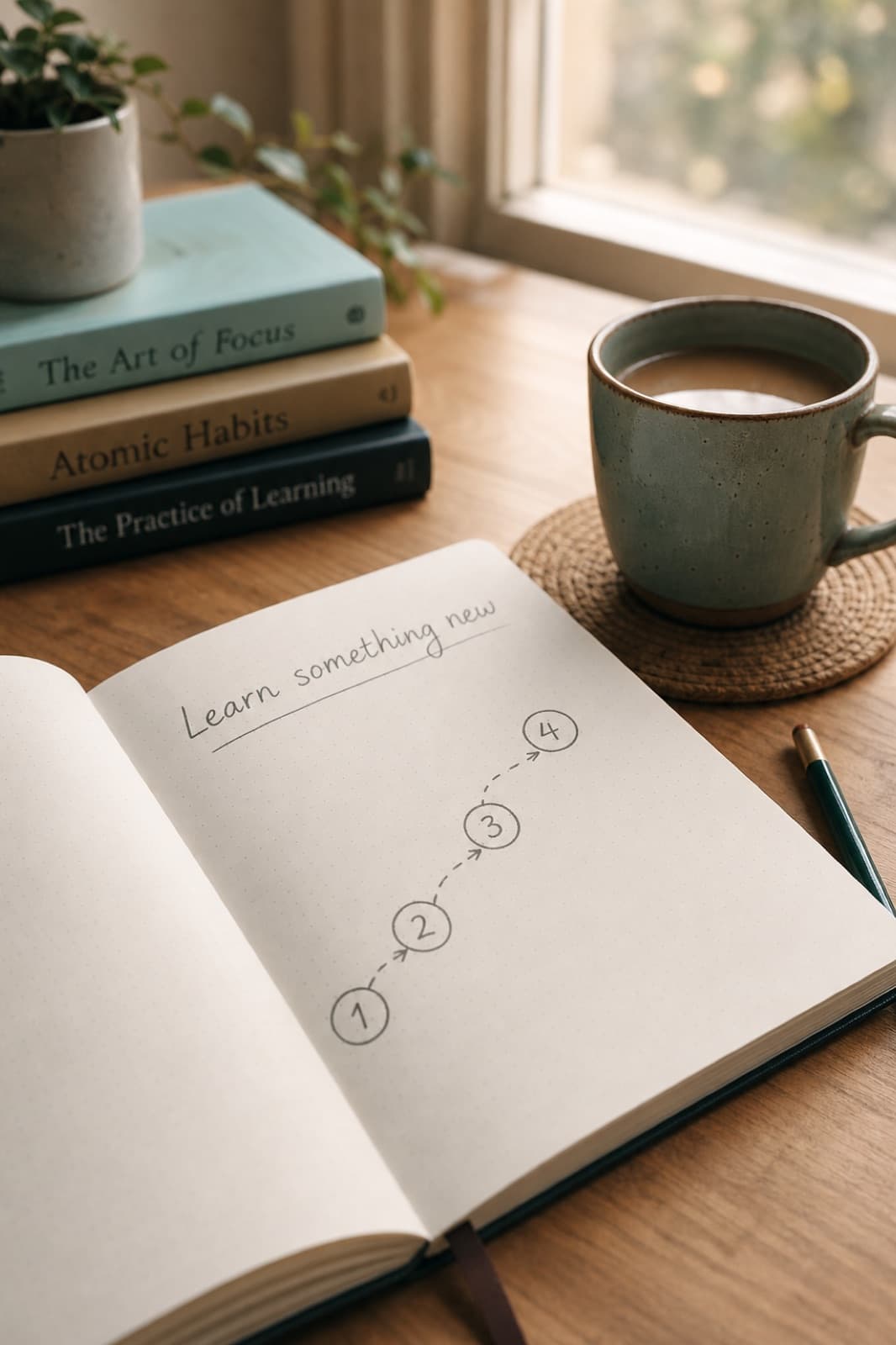 Notebook with a learning goal and coffee on a desk