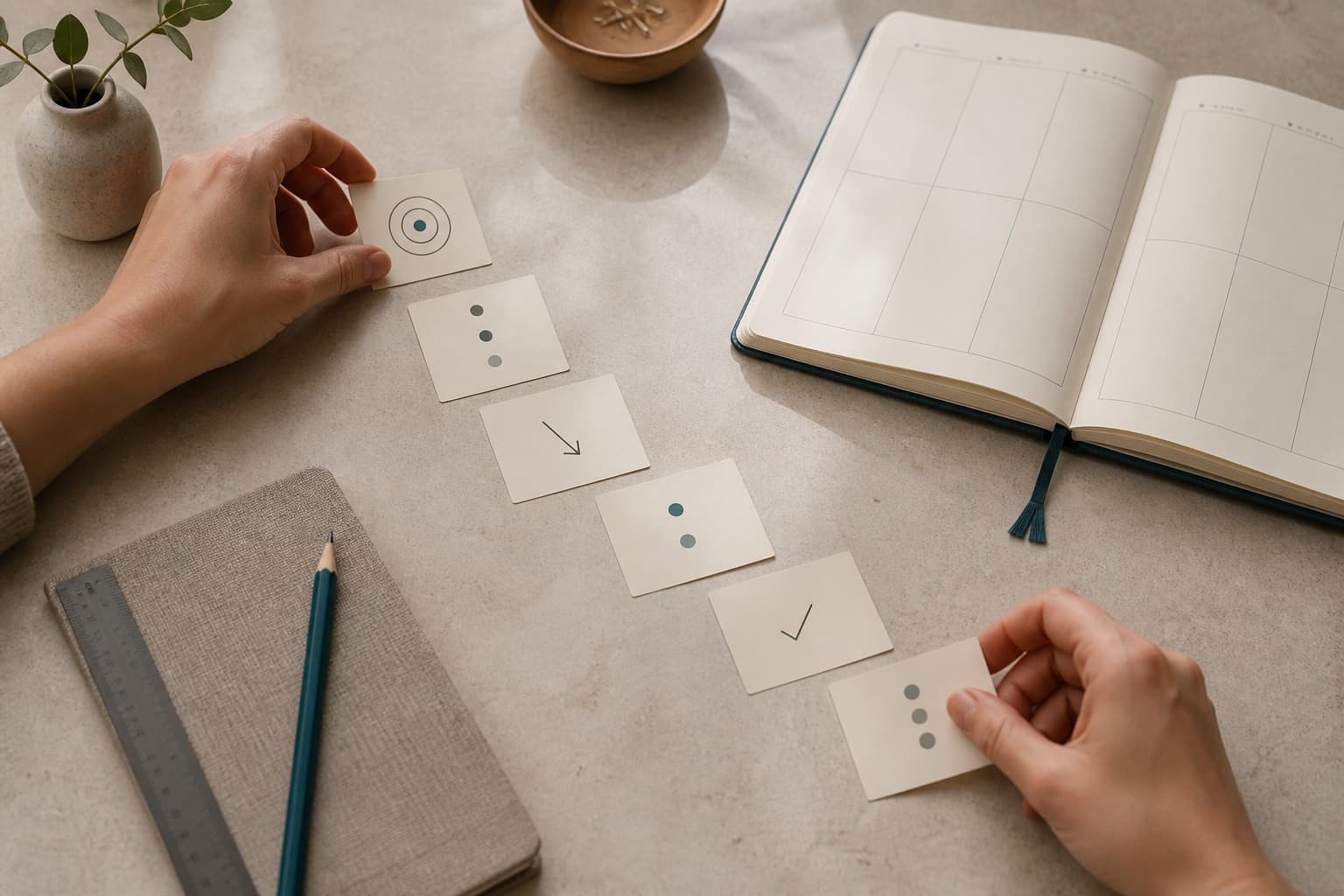 Hands arranging learning milestones between a target and weekly planner