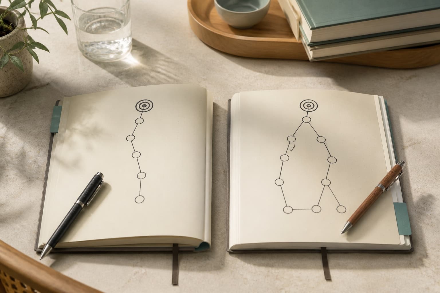 Two notebooks showing different routes toward the same learning goal